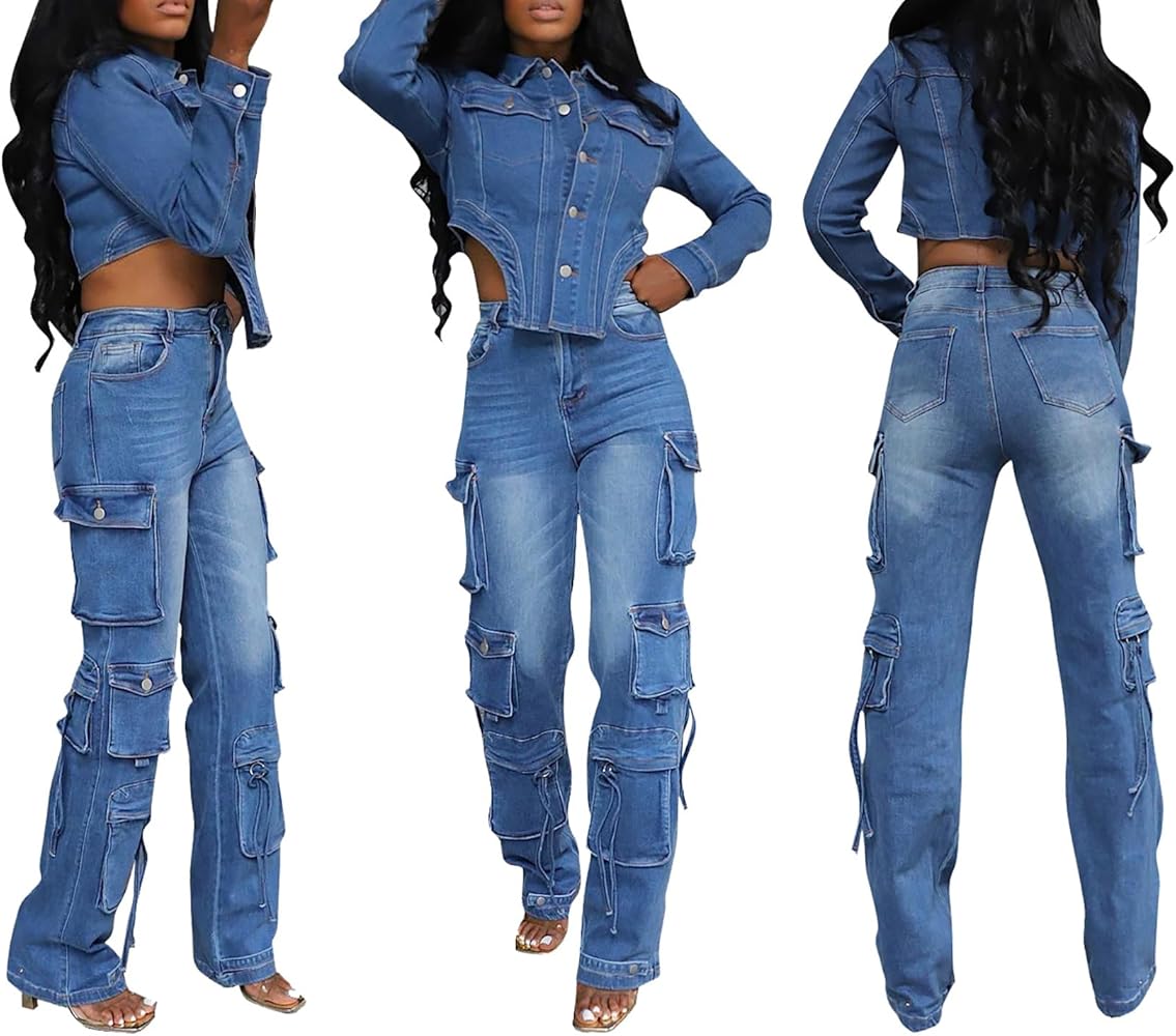 YAWJET Women's 2 Piece Jean Outfits Long Sleeve Button Up Crop