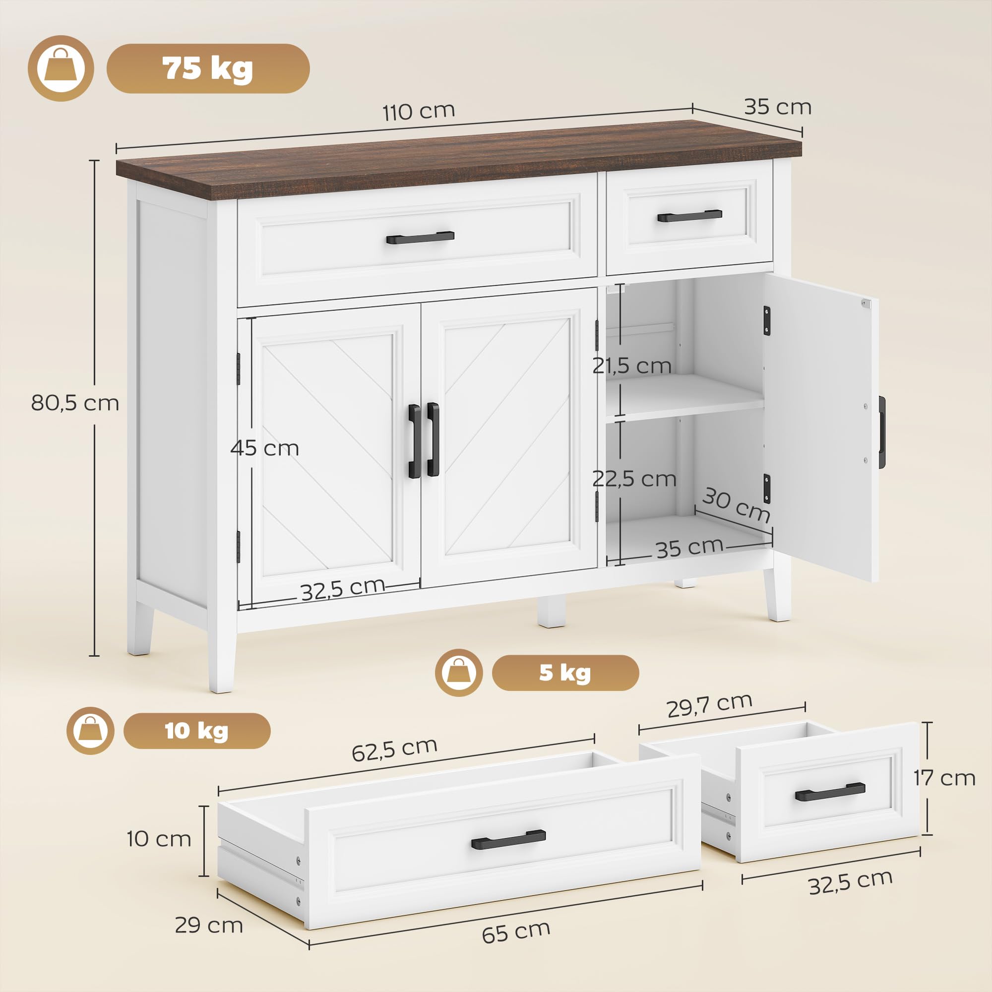 HOMCOM - Aparador para salón (2 cajones, 2 estantes ajustables, 110 x 35 x 80,5 cm), color blanco | Mueble de almacenamiento, 3 puertas de Chevron, estilo rústico, aparador comedor, cocina