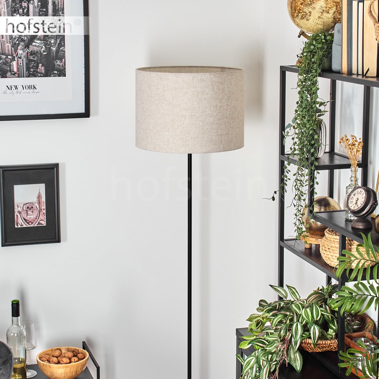 Stehleuchte Bassagoda, Stehlampe aus Metall/Stoff in Schwarz/Beige, Leuchte im skandinavischen Design mit rundem Schirm (Ø 40 cm) u. Fußschalter, Höhe 158 cm, 1 x E27, ohne Leuchtmittel