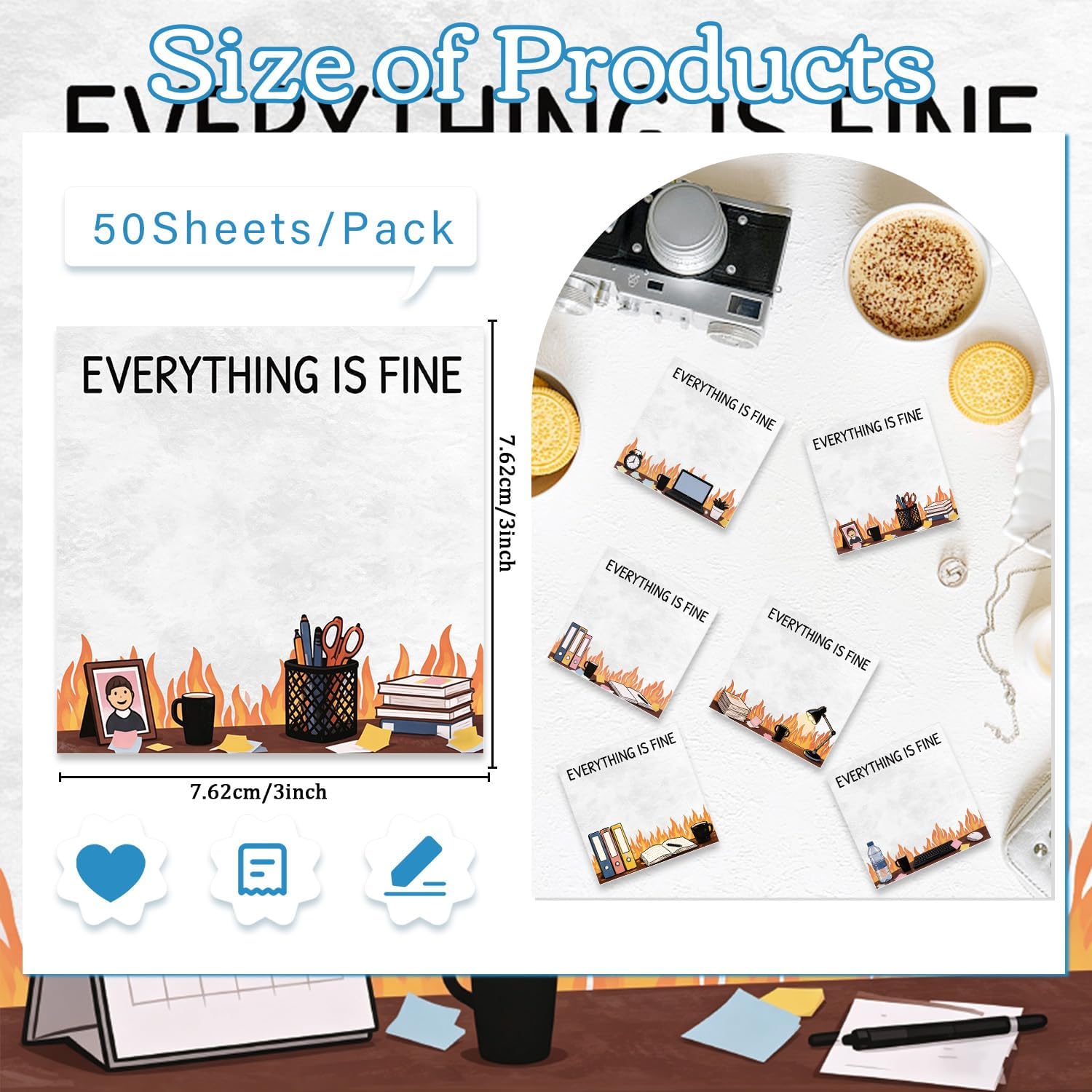 Funny Sticky Notes Gifts, 9 Pack Office on Fire Notepads for Work 3x3 Inch, Everything is Fine Memo Pads School Office Supplies Work Gag Gifts for Coworkers (450 Sheets) image 2