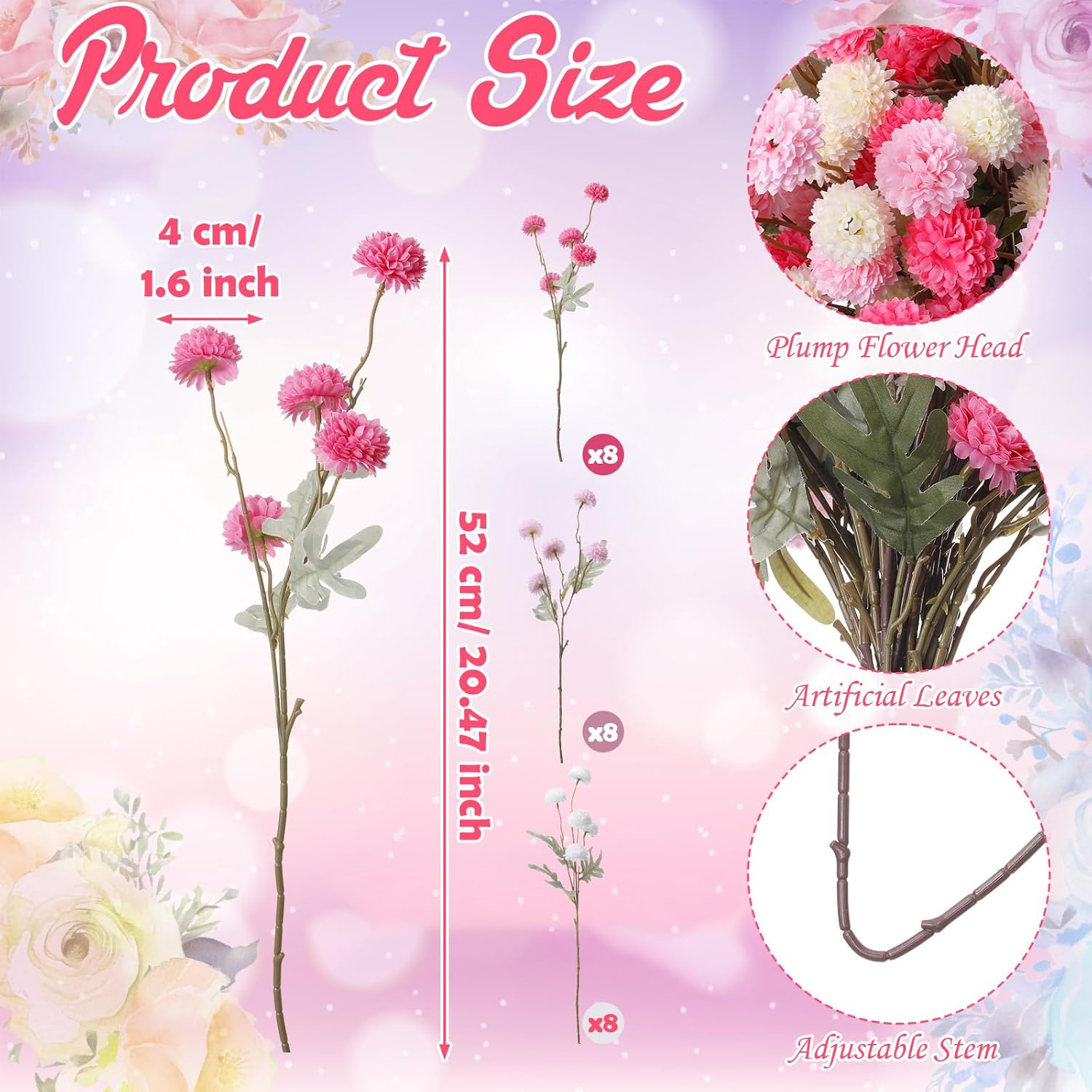 XunYee 24 Pcs Pink Artificial Chrysanthemum Flowers, Faux Silk Mums with Flexible Stems Warm Fake Kiku Pompon for Spring Easter Vase Floral Fillers Wedding Home Table Decor