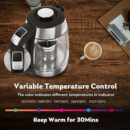 Miniatura 3 de Hervidor eléctrico de vidrio de 1,7 L, caldera de agua caliente con 1500 W de ebullición rápida5 luces indicadoras LED preajustadasinfusor de té