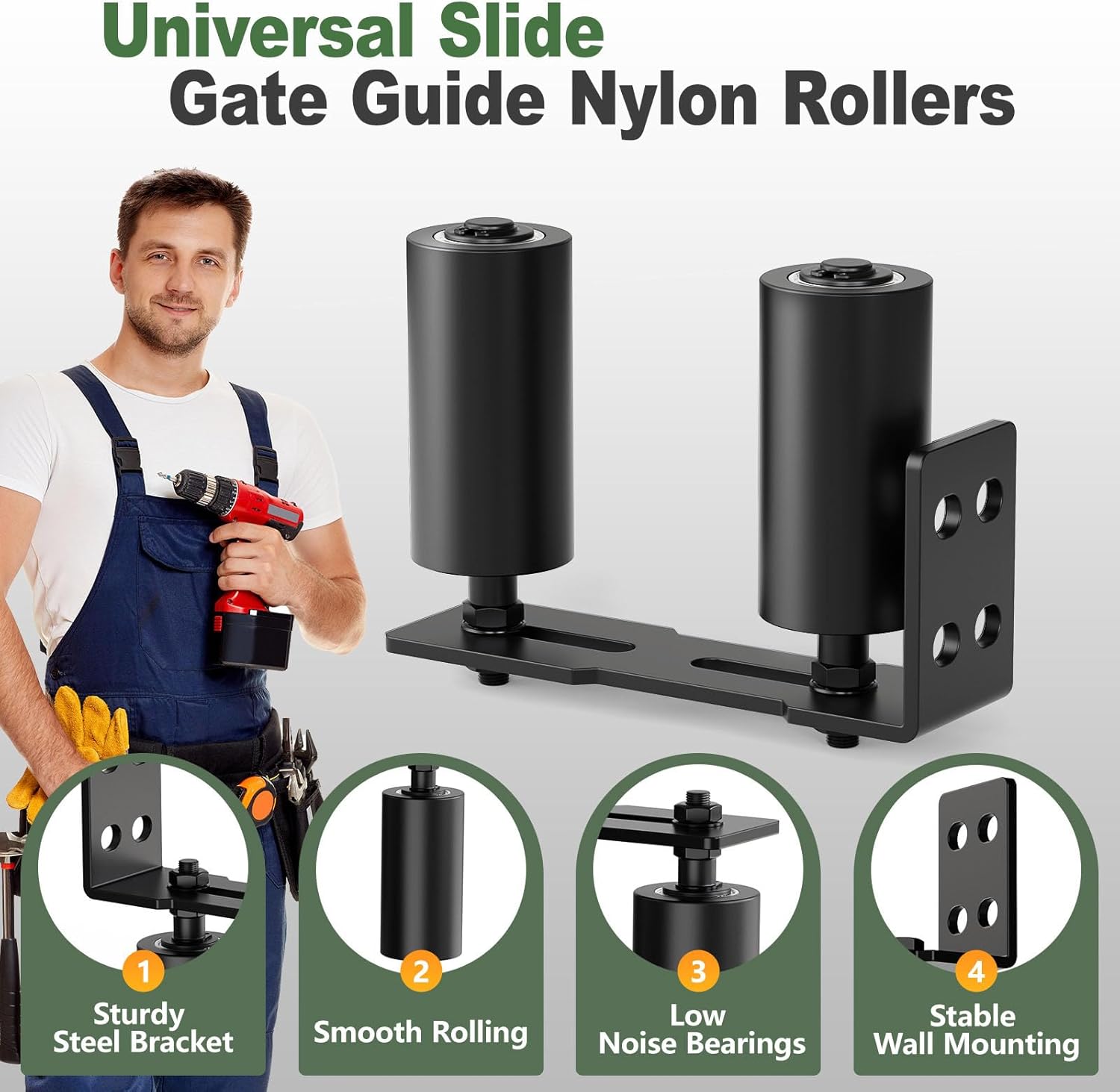 Adjustable Sliding Gate Roller Hardware Kit - Heavy Duty Steel Wall-Mount Bracket & Nylon Roller Guide for Rolling/Sliding Doors, Garage, Wood Gates (Black-1pc, 4in)