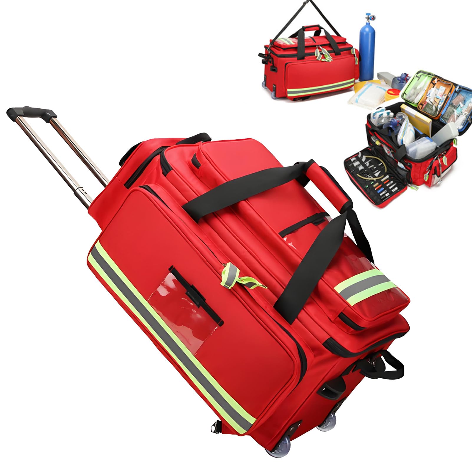 Ofyphth First Responder Bag with Wheels, Large Capacity Medical Trolley Bag with Wheels, First Responder First Aid Kit, Portable Outdoor Emergency Duffle Bag, for Travel, Camping, and Hiking. Red