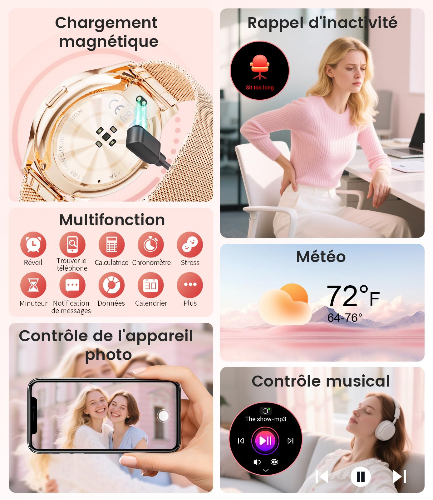 BENYAR SMART Montre Connectée Femme 1.43" HD, pour iOS/Android, Or Rose | Suivi du Cycle Menstruel, Santé 24h, Appels Bluetooth, 100+ Sports, IP68 imperméable, 300mAh Autonomie 7 Jours, 2 Bracelet