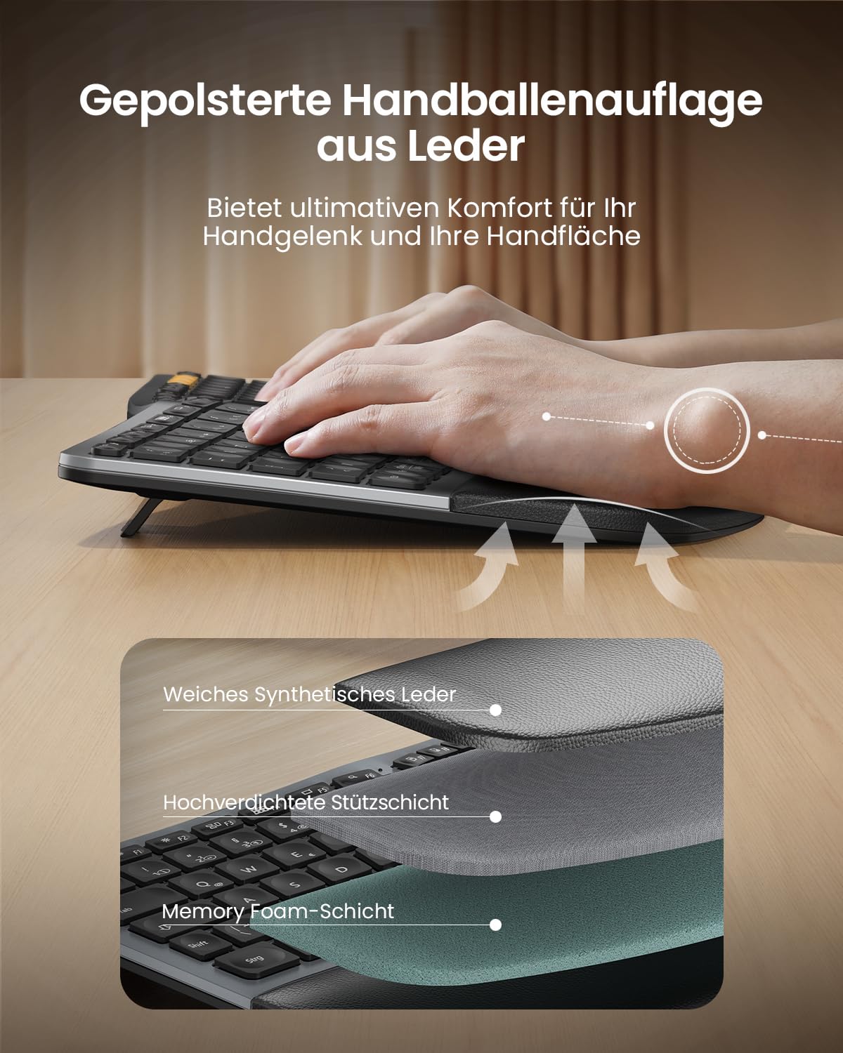 ProtoArc EK01 Plus Beleuchtet Ergonomische Tastatur Kabellos, Full Size | Split Wireless Keyboard mit Handballenauflage, Bluetooth und USB, Wiederaufladbar, für Windows/Mac/Android