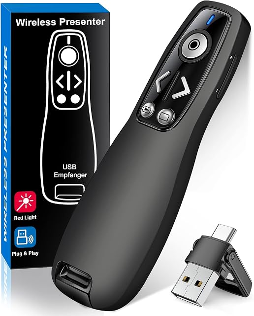 2-in-1 USB Type C Wireless Presenter Remote with Volume Control - Slide Advancer for PowerPoint, Mac, Computer, Laptop
