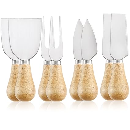 Fasmov 8 Pieces Set Cheese Knives with Wood Handle Stainless Steel Cheese Slicer Cheese Cutter, Cheese Knife, Shaver, Fork and Spreader
