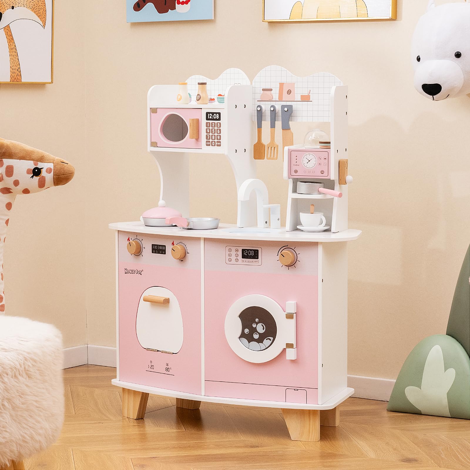 COSTWAY Cucina Giocattolo con Macchina da Caffè, Forno e Lavatrice, Cucina per Bambini in Legno con Microonde e Lavandino, Set Cucina con 13 Accessori, 70 x 30 x 88 cm, per Bambini 3+ Anni