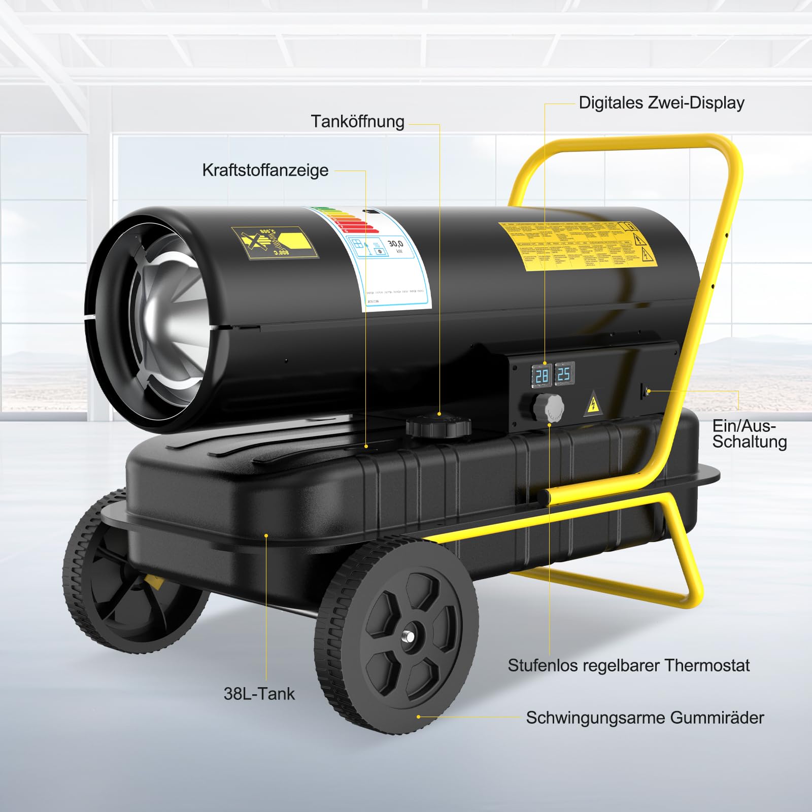 30 kW Heizkanone Diesel Bautrockner, Großtank Bauheizer, 750 m³/h Heizgebläse mit Thermostat, Ölbeheizung Heizlüfter für Werkstätten, Baustellen und landwirtschaftliche Betriebe