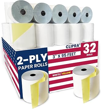 32 Rolls 2 Ply Carbonless Rolls 3" x 95 Feet White/Yellow Receipt RollsCompatible with Star SP700 Printer Paper, SP2000 UP389 & Omni 480 220Ribbons RequiredNon Thermal