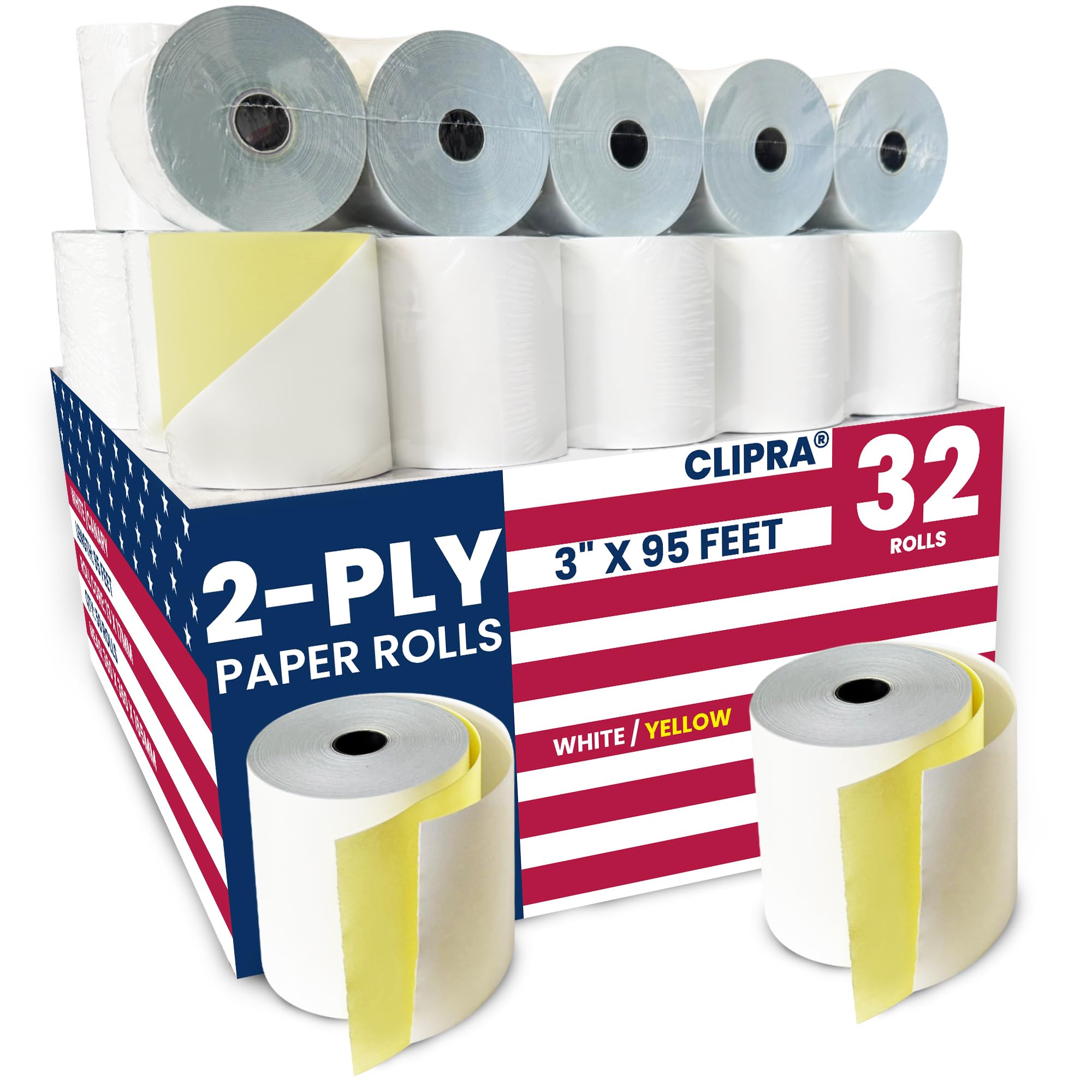 (32 Rolls) 2 Ply Carbonless Rolls 3" x 95 Feet White/Yellow Receipt RollsCompatible with Star SP700 Printer Paper, SP2000 UP389 & Omni 480 220Ribbons RequiredNon Thermal 2-PLY 3" x 95' Carbonless-32 Rolls