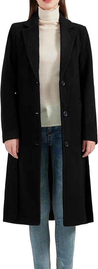 Women's Black 70% Wool & Cashmere Winter Overcoat – Long Single Breasted Coat with Belt & Satin Lining