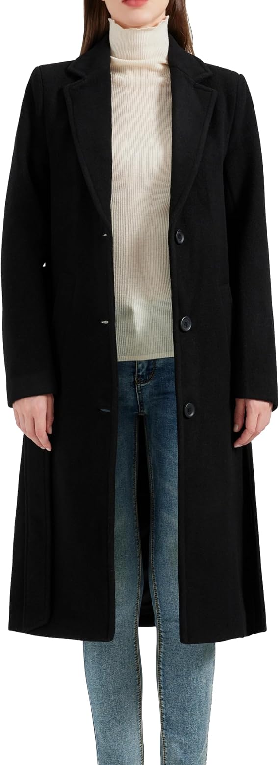 Women's Black 70% Wool & Cashmere Winter Overcoat – Long Single Breasted Coat with Belt & Satin Lining