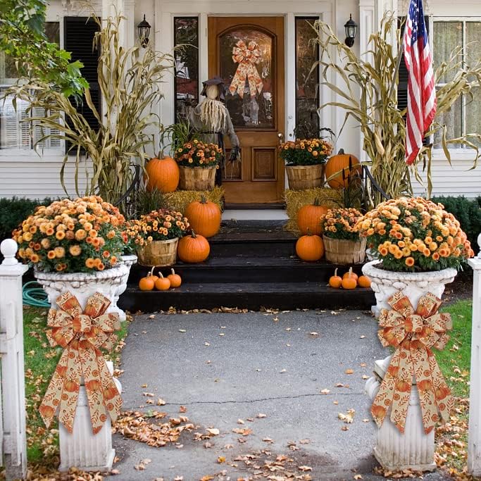 Miniatura 6 de Lazos grandes de otoño para corona, corona de calabaza de Acción de Gracias con hojas de otoño, lazo para decoración de árbol, arpillera naranja