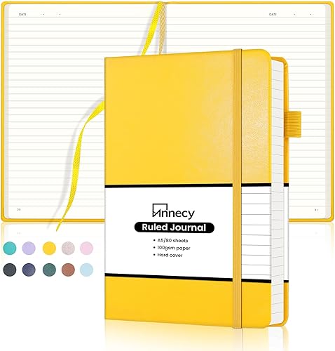 Annecy Numered College - Cuaderno rayado a rayas, mediano 5.5 x 8.25, 160 páginas de papel de escritura de 3.53 ozm, cubierta de piel sintética
