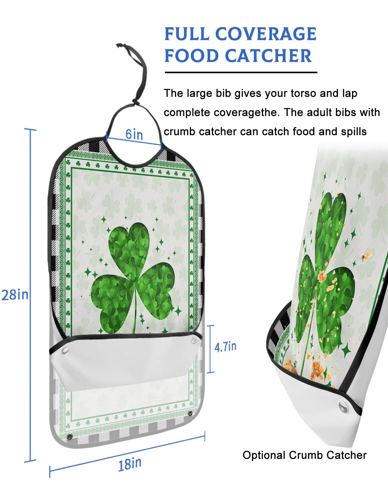 St. Patrick's Day Adult Bibs for Eating, Waterproof Bibs with Food Catcher & Adjustable Snap Closure, Black and White Checkered Board Green Lucky Clover Clothing Protectors Adult Bibs for Elderly