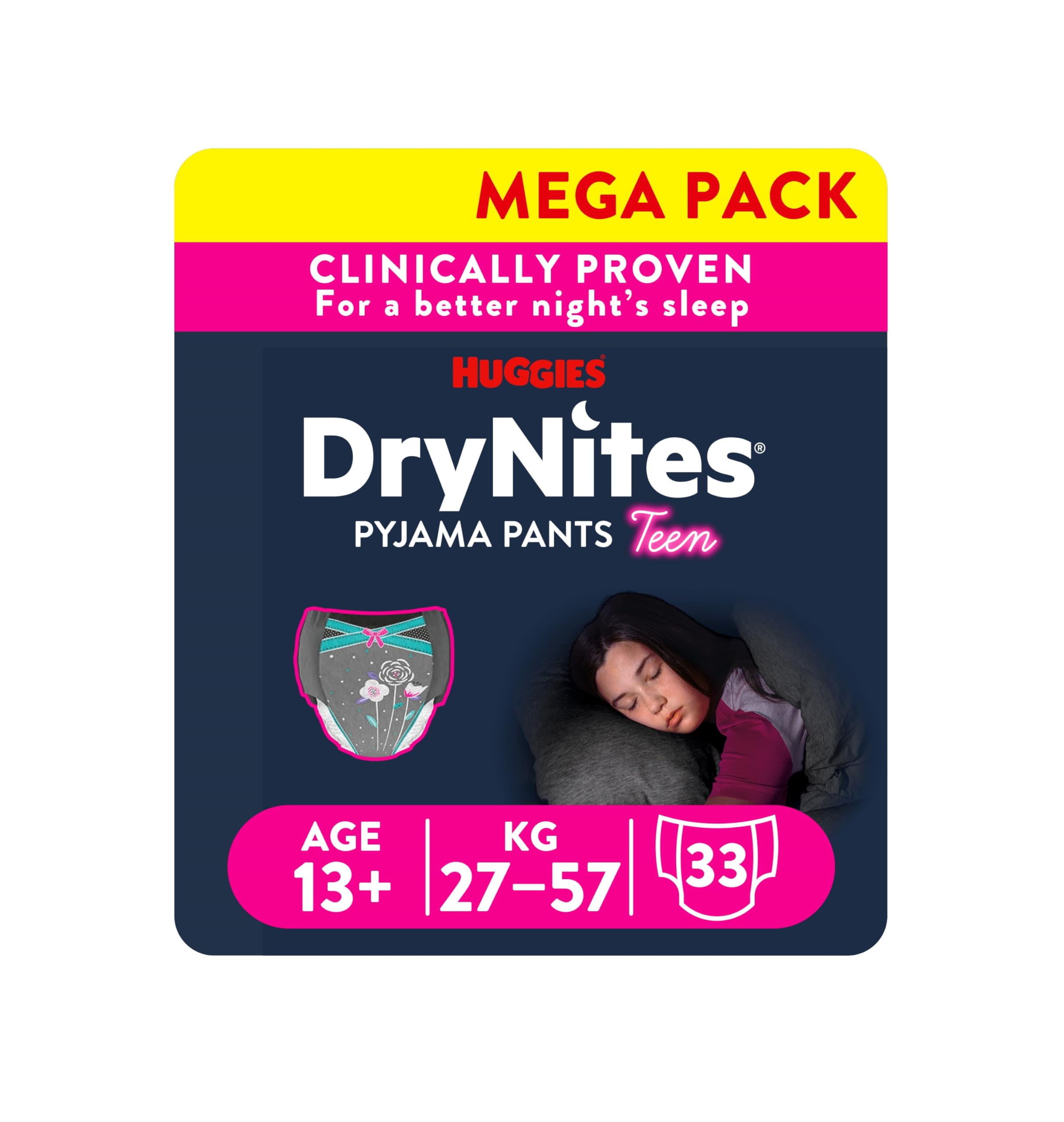 DryNites Girls Age 13+ Year Bedwetting Pyjama Nappy Pants (3 Packs of 11 Pants) - 33 Pants