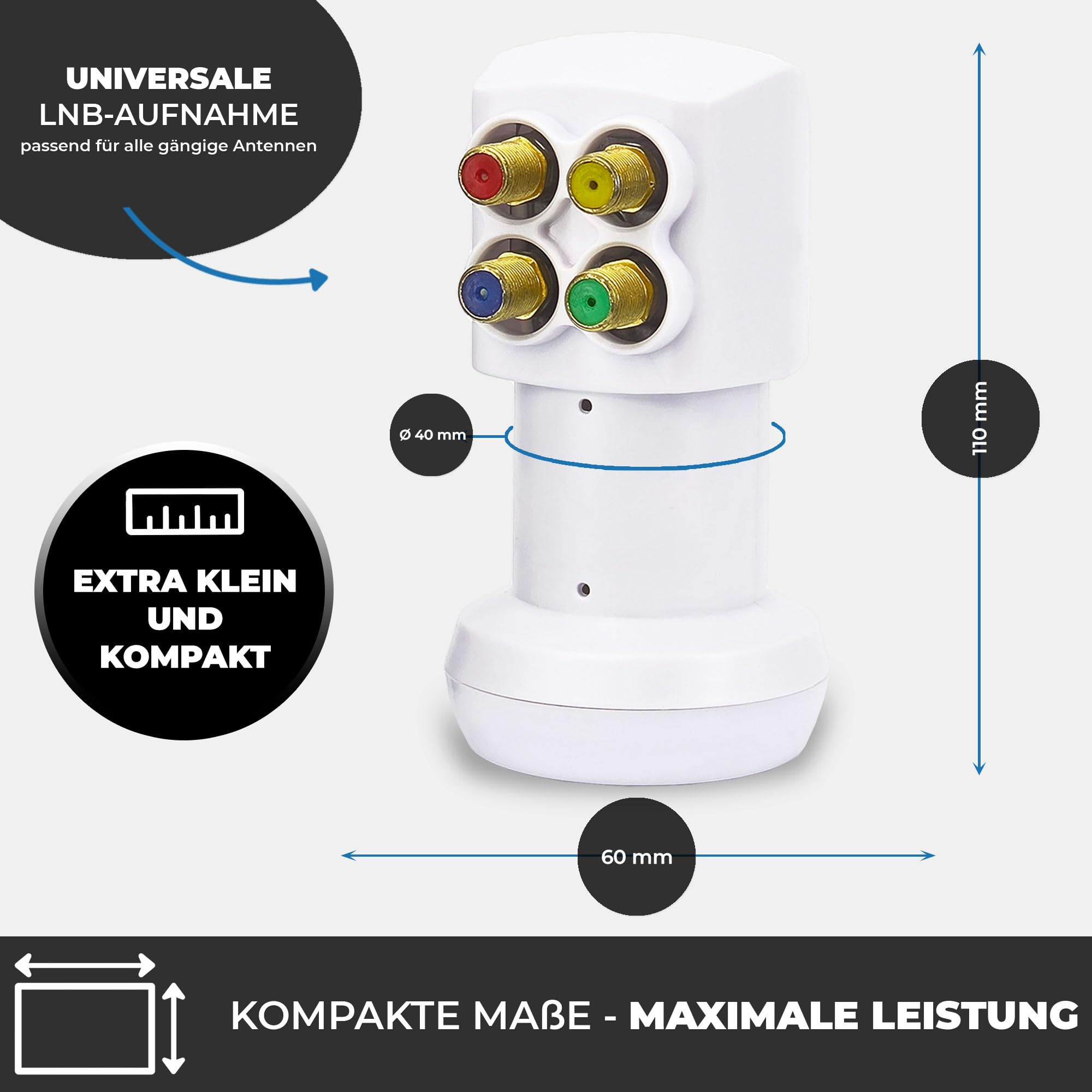Premium X PXV-QS Quad LNB - Tête LNC 4 voies avec filtre LTE - 4 participants - SAT Digital DVB-S2 4K HD 3D - Contacts plaqués or - Blanc - Extra petit - Avec 8 fiches F
