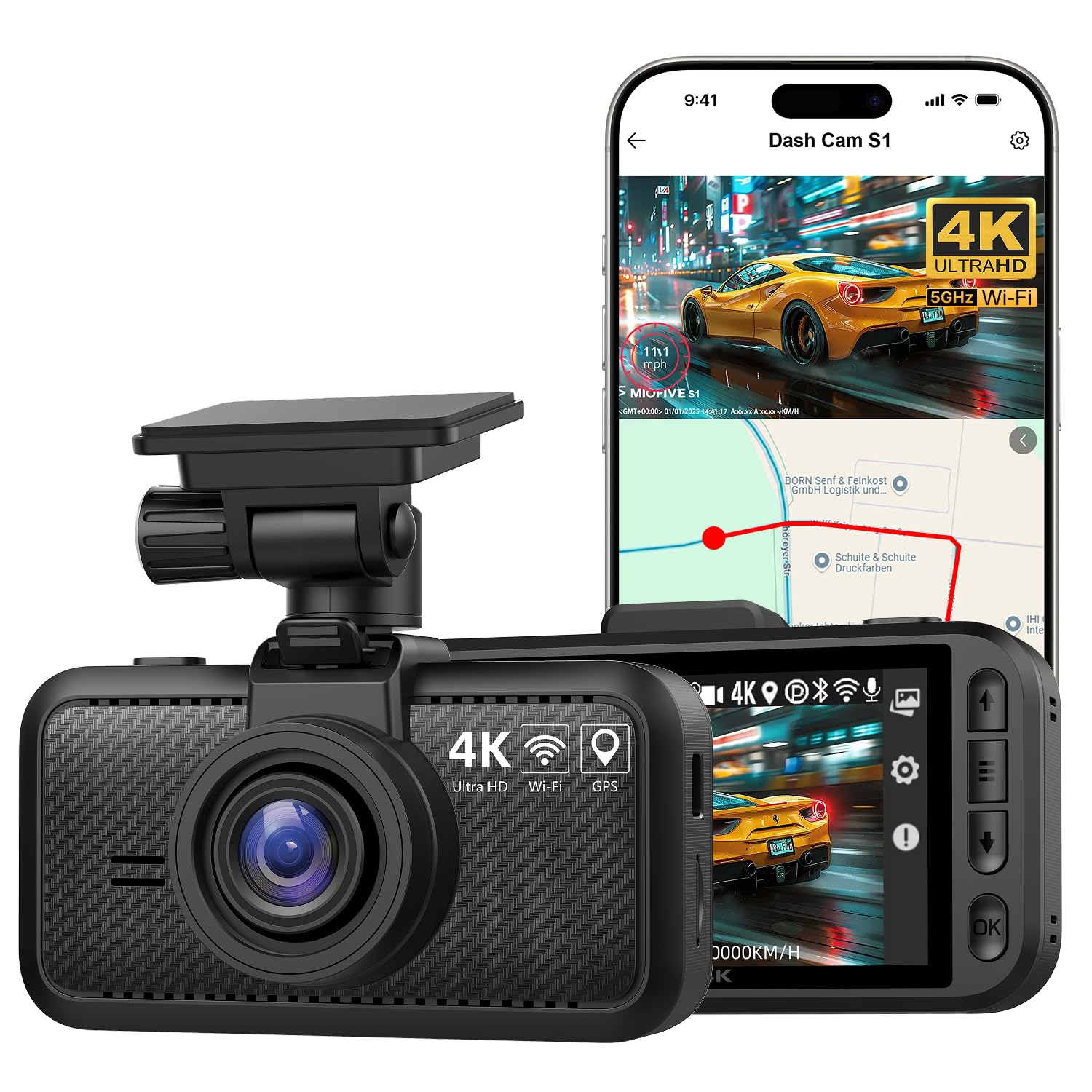 Miofive Dash Cam Front – 4K UHD Dash Camera for Cars, Built-in Bluetooth, 5G Wi-Fi, GPS, 3" IPS Screen, Night Vision, 140° Wide Angle, HDR, 24-Hour