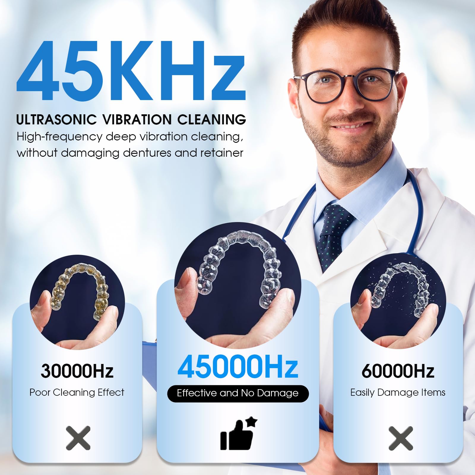 Dispositivo di pulizia a ultrasuoni, 45 kHz e UV, pulitore a ultrasuoni per piccoli oggetti quotidiani come gioielli e per la cura e la riduzione degli odori, per binario dentale, allineatore