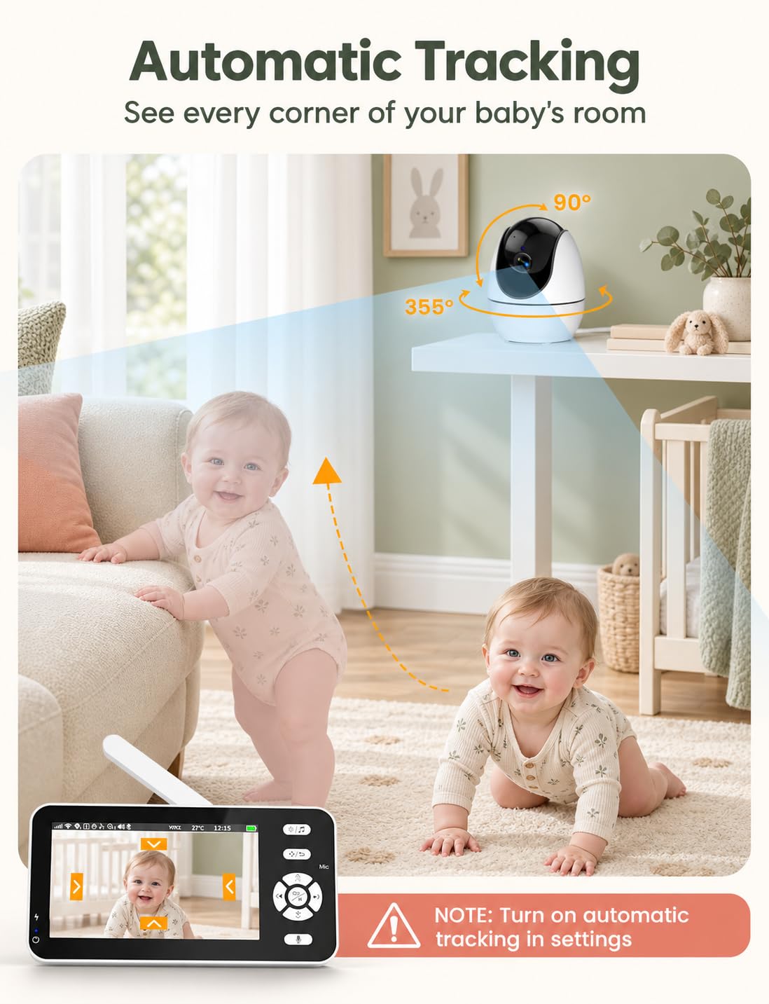 OBVHNUA Baby Monitor 3500mAh WiFi 4,3'' IPS con Telecamera, App, VOX