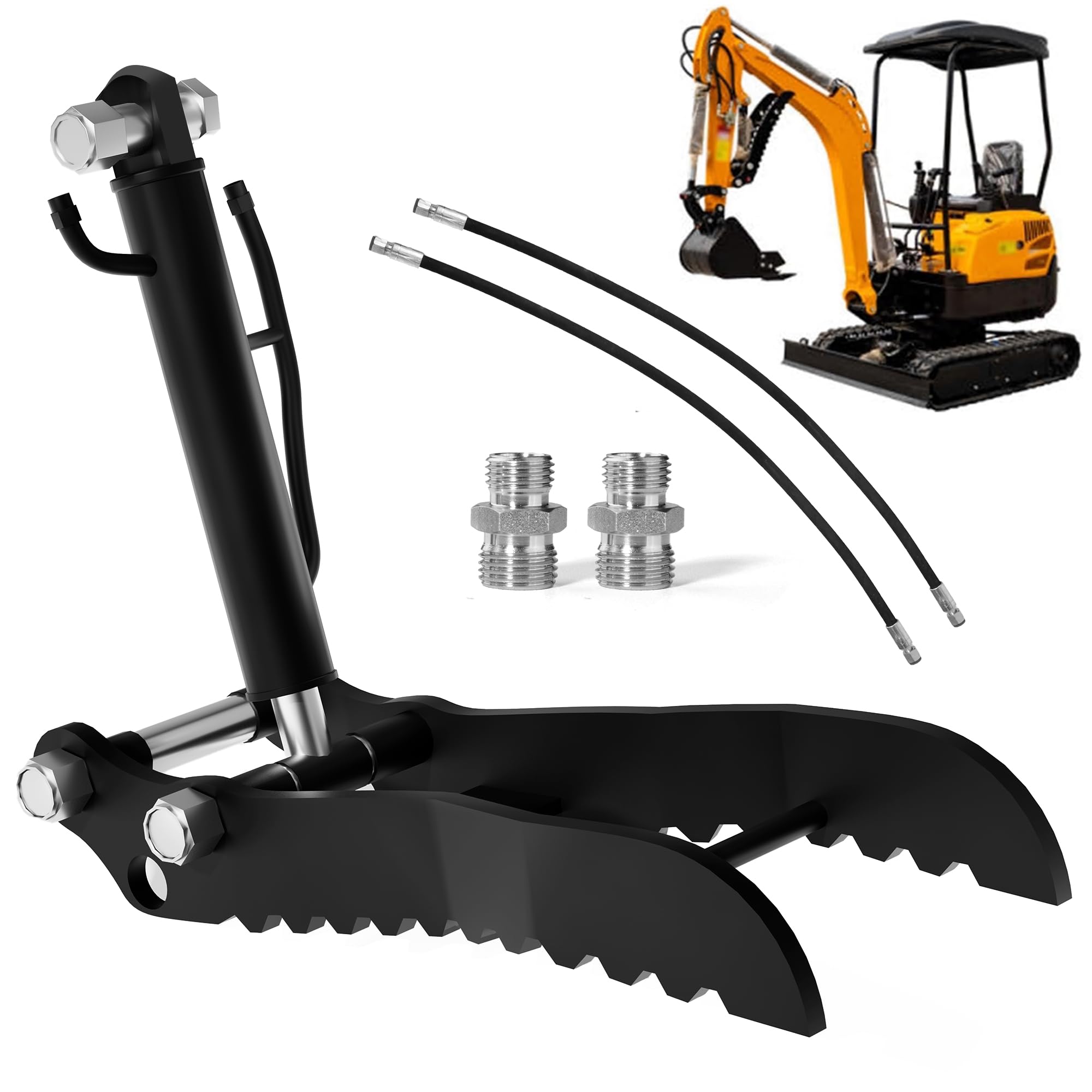 Hydraulic Thumb Clip for Mini Excavators - Adjustable Metal Grab Thumb Attachment with 2x M14 Hoses, Fits Single Hole Systems (No L-Shaped Bracket) - Ideal for Picking up Logs, Rocks and Debris