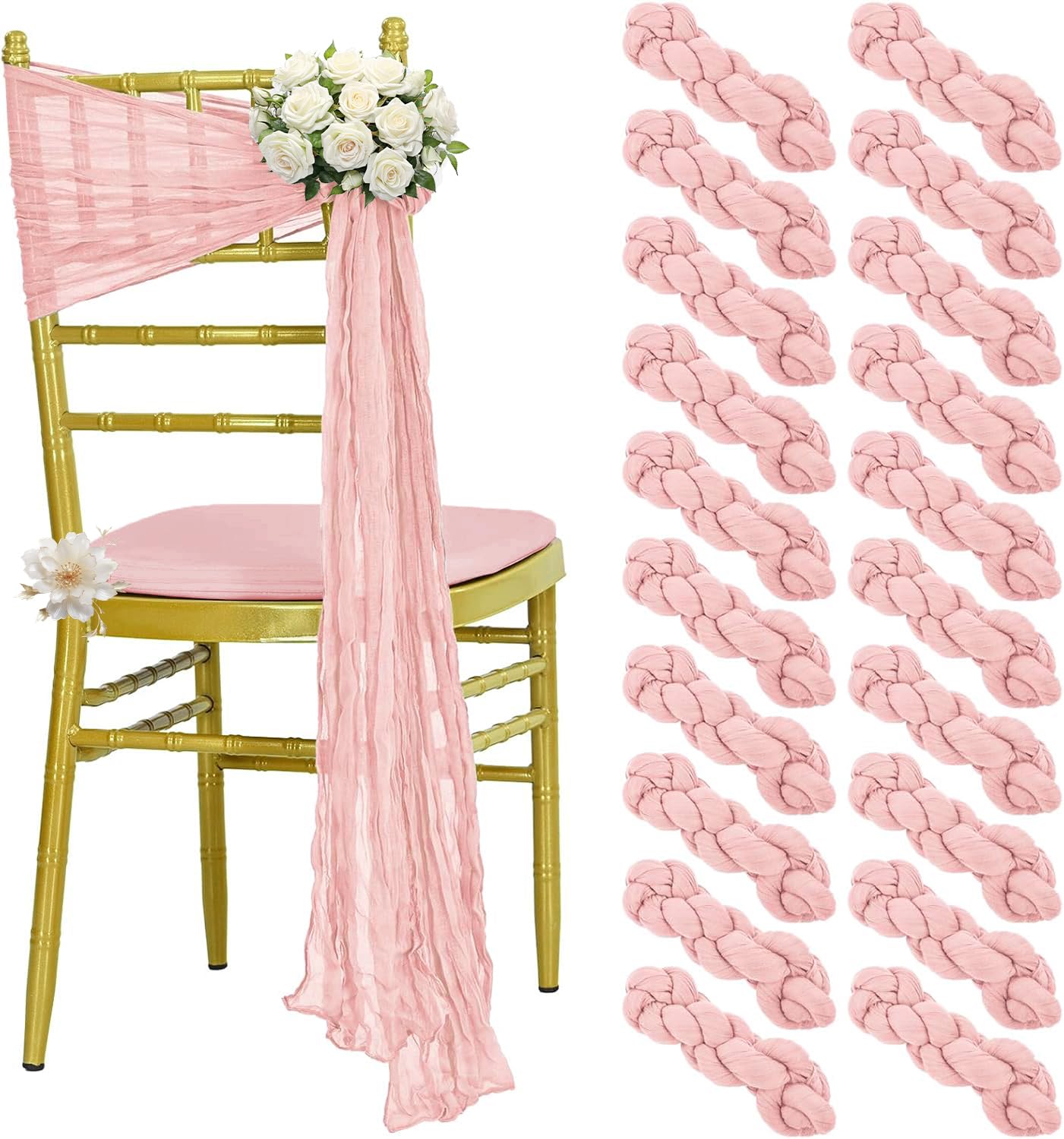 VDS Pack of 10 Cheesecloth Chair Sashes 44x180 cm, 100% Cotton Soft Gauze Fabric Rustic Chair Drapes Reusable Chair Bows for Wedding Party Chiavari Folding Aisle Dining Chairs Décor - Blush Pink