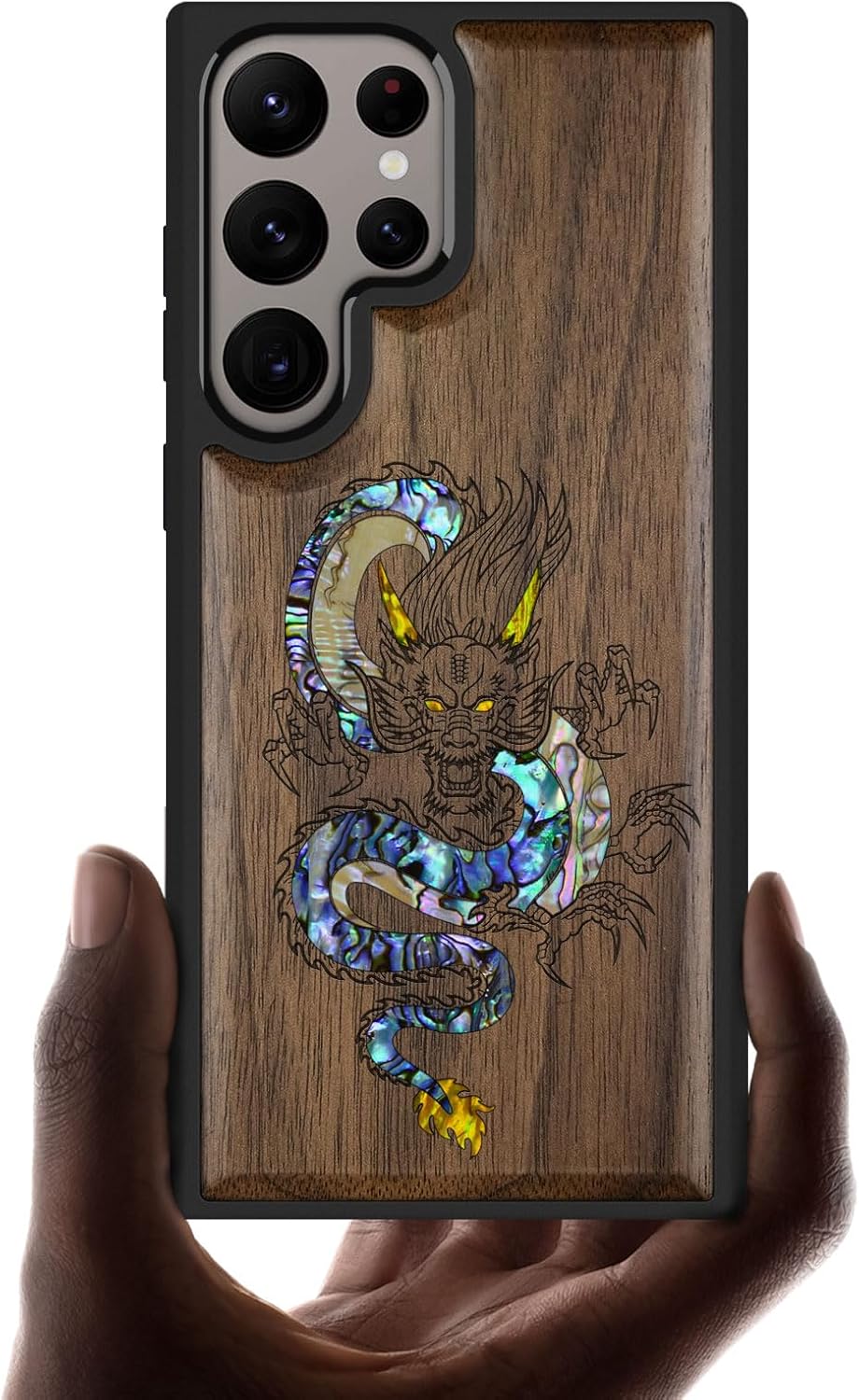 Carveit Designer Wooden Case for Samsung Galaxy S24 Ultra Case [Wood Engraving & Shell Inlay] Compatible with Wireless Chargers S24 Ultra Cover (The Oriental Dragon-Blackwood)