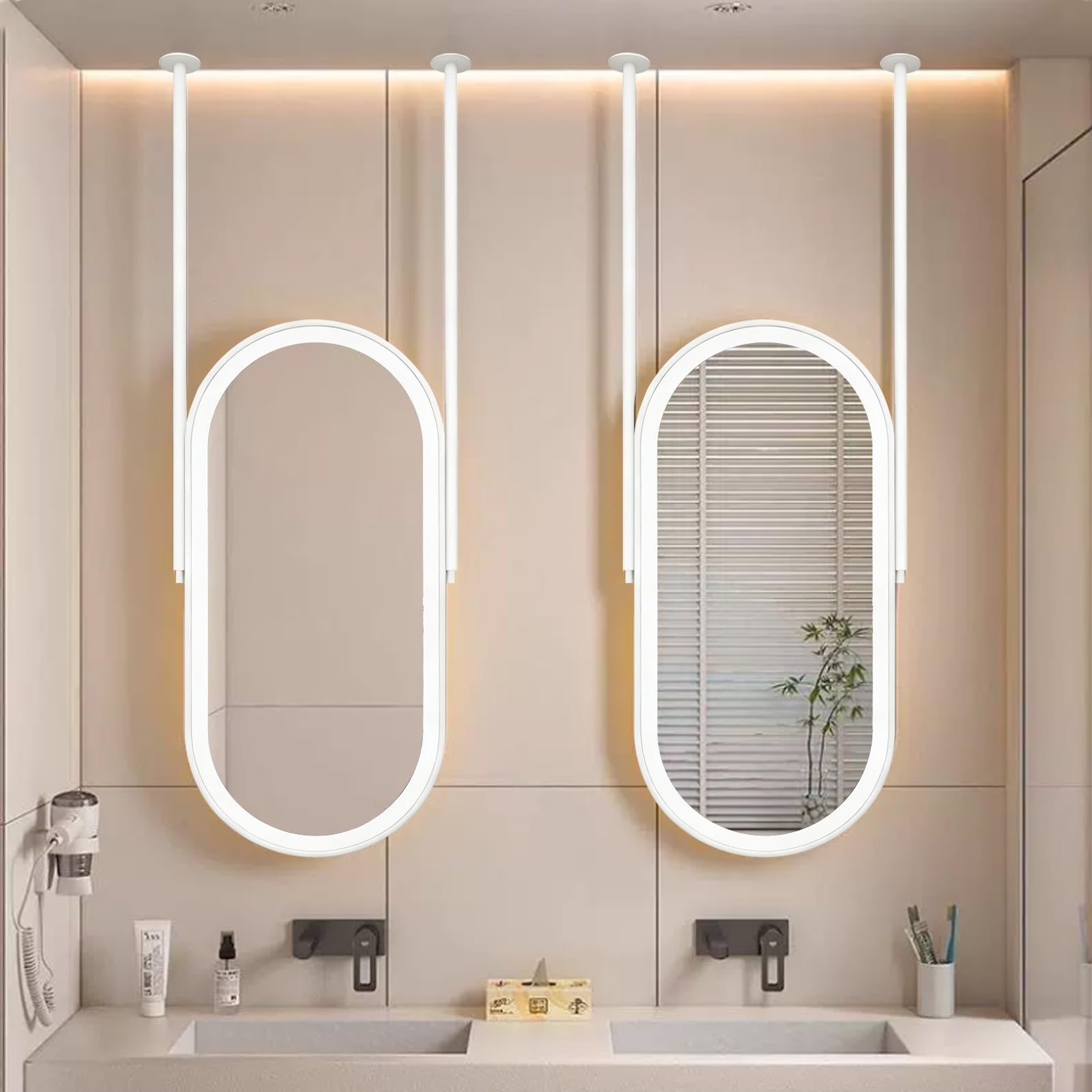FGXHHS Oval LED Bathroom Wall Mirror with Lights｜Modern Ceiling Hanging Metal Framed Mirrors For Makeup｜Floating Suspended for Washrooms Apartment Home Décor(40cmx70cm)