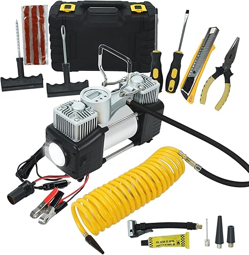 EASYBERG Compresor de aire portátil de inflador de neumáticos de 12 voltios bomba de aire portátil a bordo 150 PSI máximo luz nocturna LED calibre