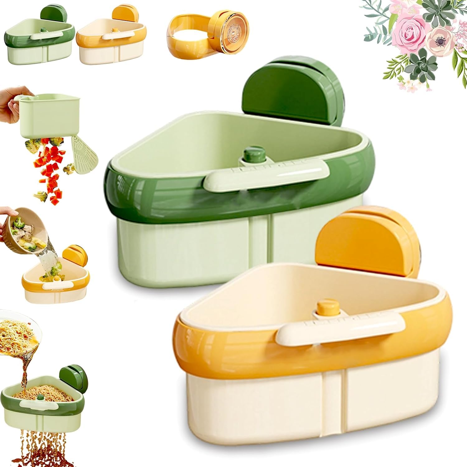 Photo 1 of [PARTIAL SET: 1PC] Nukssi 2pcs Suction Cup Sink Corner Rack Strainer 2025 Pro Kitchen Gadget Triangular Suction Cup Corner Sink Strainer Basket for Kitchen Bathroom Dishware (Green + Yellow)