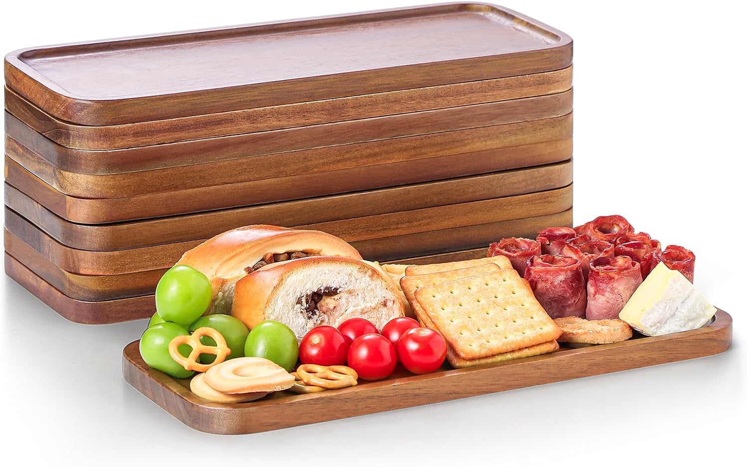 Acacia Wood Serving Platters and Trays - 14" x 5.5" Wooden Mini Charcuterie Boards, Small Cheese Board, Rectangle Wooden Tray for Kitchen Counter, Bathroom, Home Decor, Party (10, 14"X5.5")