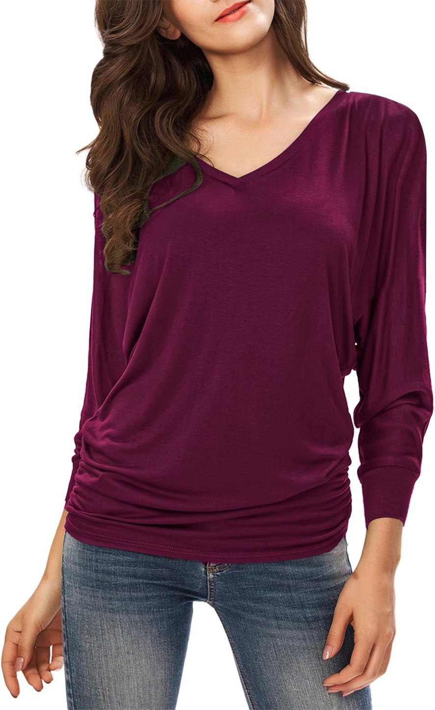 Women's Dolman Top 3/4 Sleeve Drape Shirt Casual V Neck Ruched T-Shirt