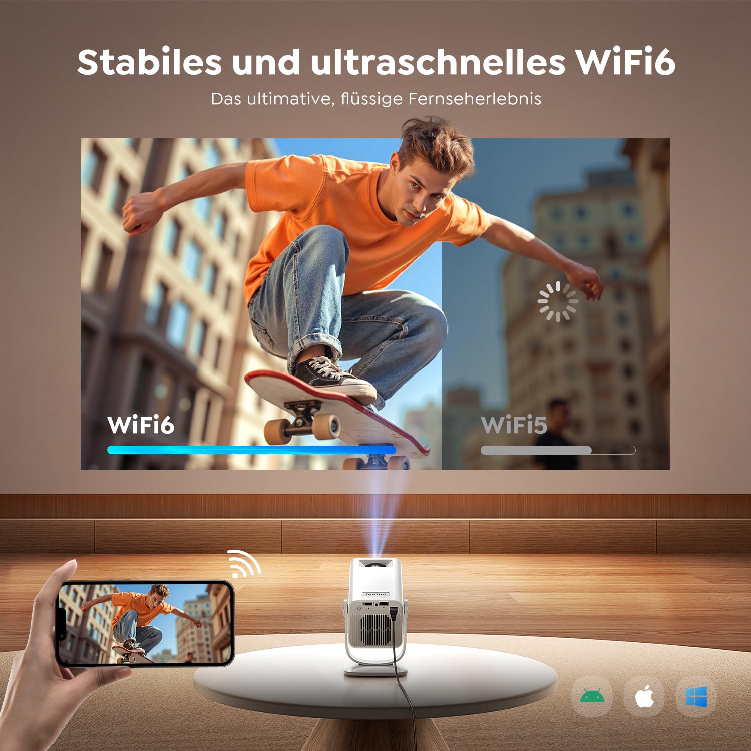 Mini Beamer 4K 1080P Unterstützt [Android 14 & 270° Drehbar] Smart Beamer Klein mit WiFi 6 Bluetooth 5.4, Tragbarer Projektor Heimkino Outdoor mit Auto Trapezkorrektur für HDMI/Android/iOS/PC/USB