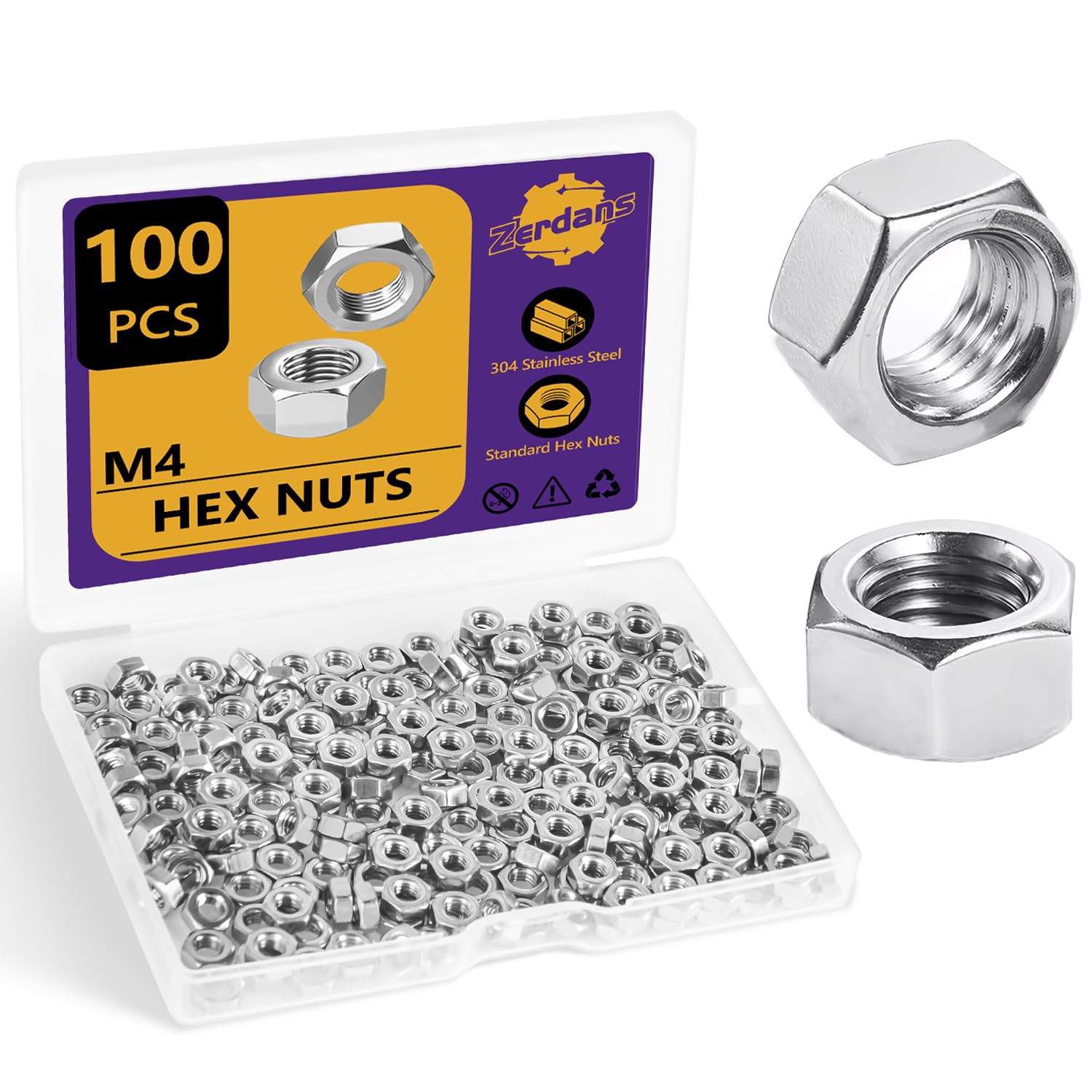M4 Hex Nuts, 100Pcs Hardware Metal Nut, (18-8) 304 Stainless Steel Metric Set
