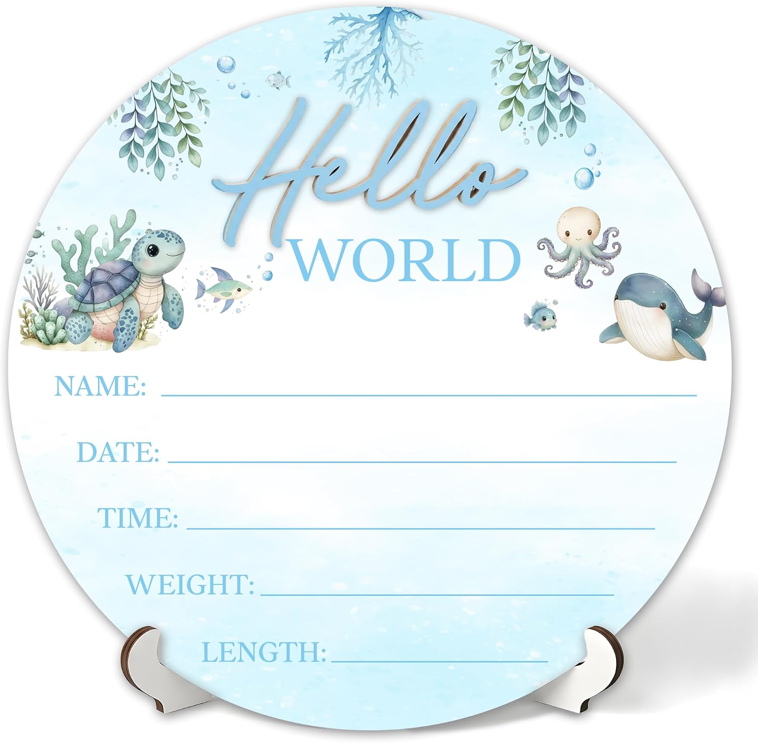 3D Sea Animals Hello World Newborn Sign for Hospital, Ocean Animals Baby Announcement Sign for New Baby Boy Girl, Welcome Babies Birth Wooden Signs for Nursery, Newborn Photography Props-A04