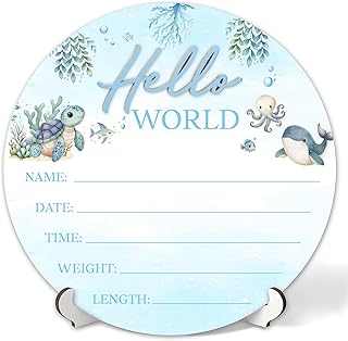 3D Sea Animals Hello World Newborn Sign for Hospital, Ocean Animals Baby Announcement Sign for New Baby Boy Girl, Welcome Babies Birth Wooden Signs for Nursery, Newborn Photography Props-A04