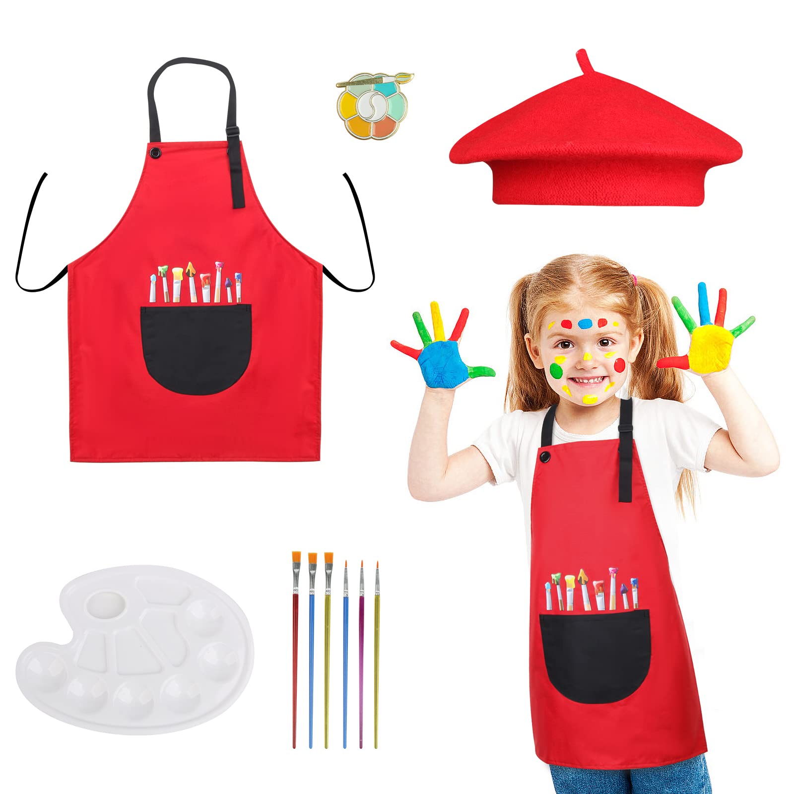 Funhoo Kids Artist Costume Accessories Set Beret Hat Apron Brush Drawing Color Palette and Brooch for Art Painting Career Day Party Boys Girls