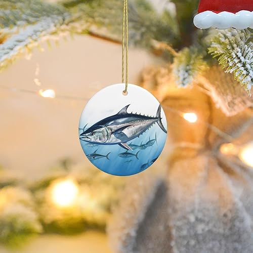 Miniatura 8 de Adorno de Navidad con estampado de atún azul, adorno redondo de Navidad, adornos colgantes para árbol de Navidad, hogar, fiesta, vacaciones,