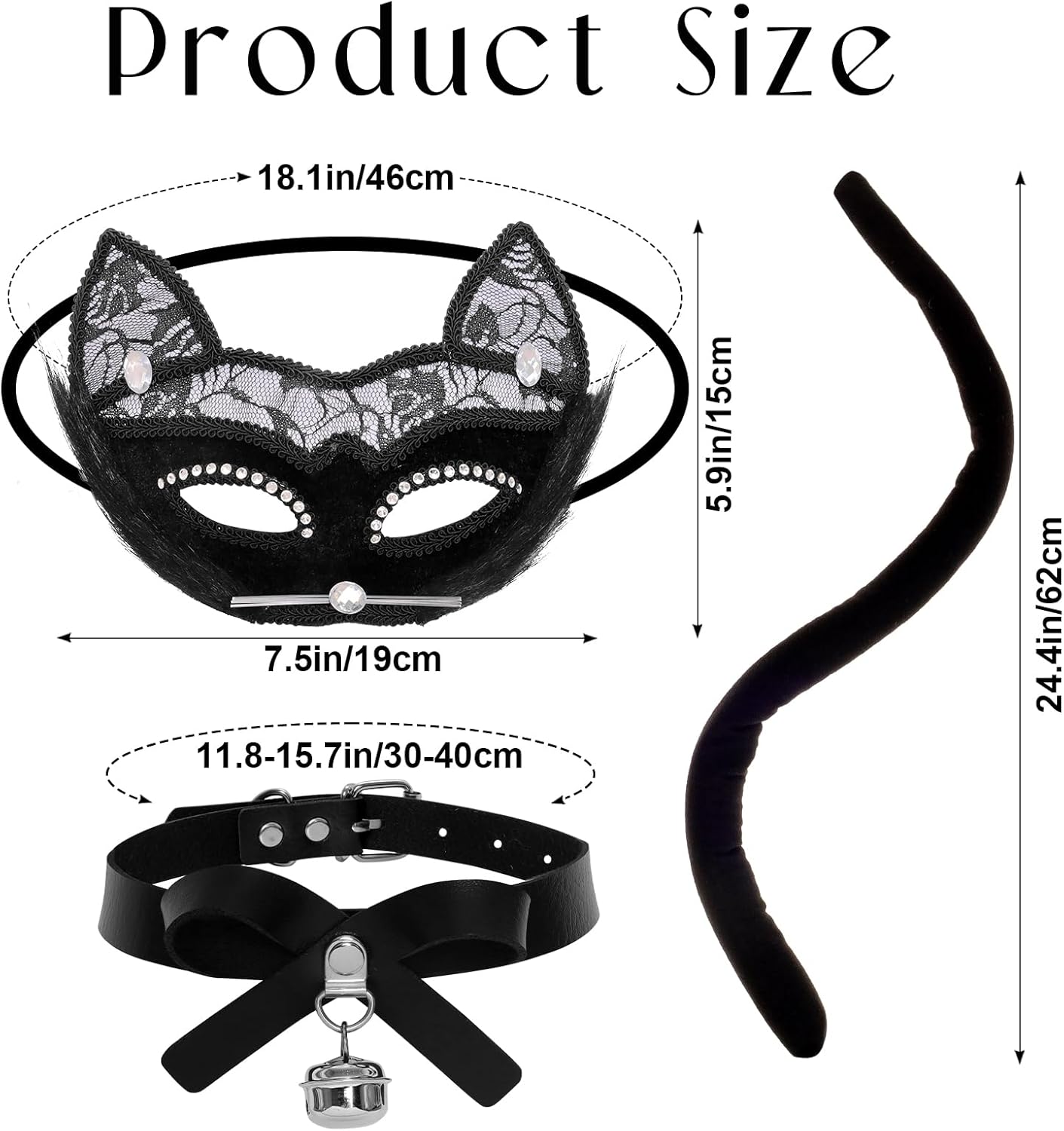 3 Pcs Black Cat Costume Set Cat Tail Necklace and Lace Masquerade Mask Cats Costume Accessories for Women Halloween Party - Image 2
