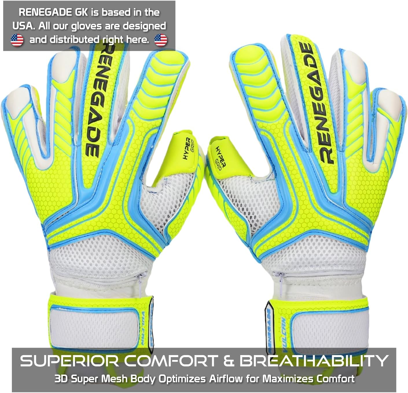 Renegade GK Vulcan Goalie Gloves - Adult, Youth, Kids (Sizes 6-11, 4 Styles, Level 3) Pro-Tek Fingersaves & 3.5+3MM Hyper Grip | Excellent Goalkeeper Glove for Higher Play | Based in The USA