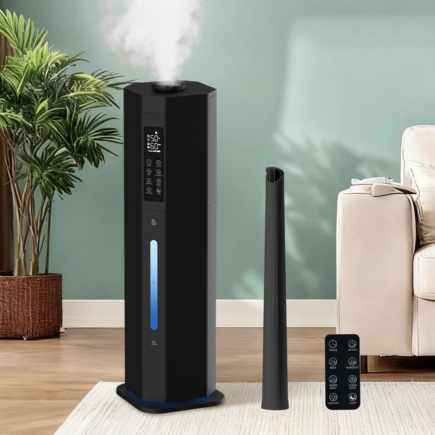 Humidifiers for Bedroom - GloryAir 2.38Gal/9L Top Fill Warm & Cool Mist Humidifier for Large Room 750ft² with Auto Mode 7-Color Light, Humidistat, Quiet Humidifier for Plants Baby Adults Home & Office