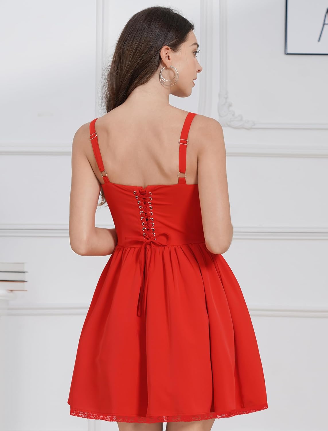 ABAFIP Women's Corset Mini Dress Spaghetti Straps Backless Lace up Low Cut Ruffle Short Dress Sundress - Image 6