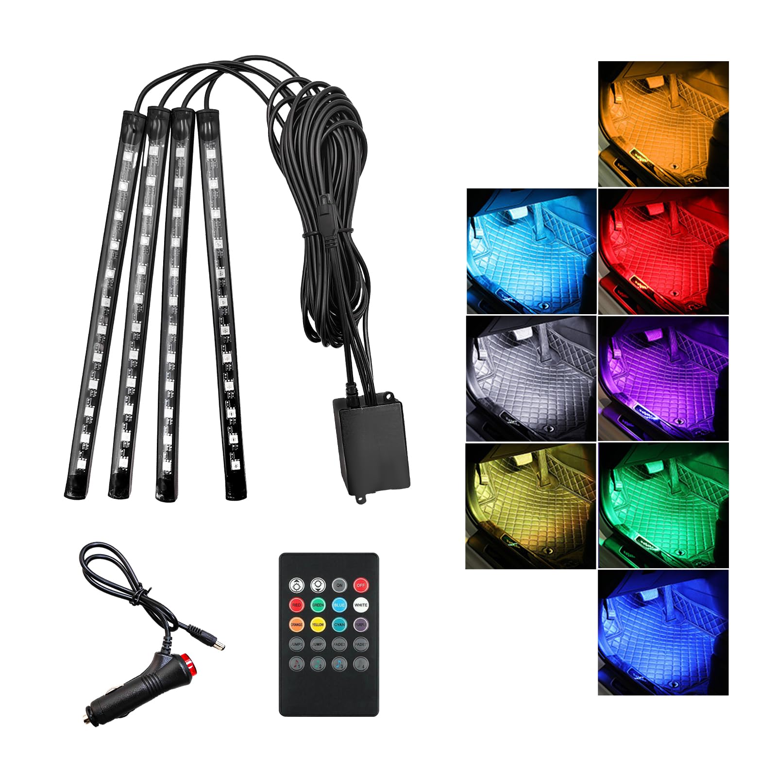 Car Led Interior Lights, RGB 48 LED Multicolor Auto Strip Light with Sound Active Function and Remote Control, Under Dash Smart Lighting Kit with Charger, Car Accessories (Cigarette Lighter)