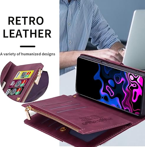 Miniatura 148 de UEEBAI Funda para Samsung Galaxy S21 FE 5G, 9 ranuras para tarjetas, cartera de cuero retro a prueba de golpes, con correa de mano, ranuras