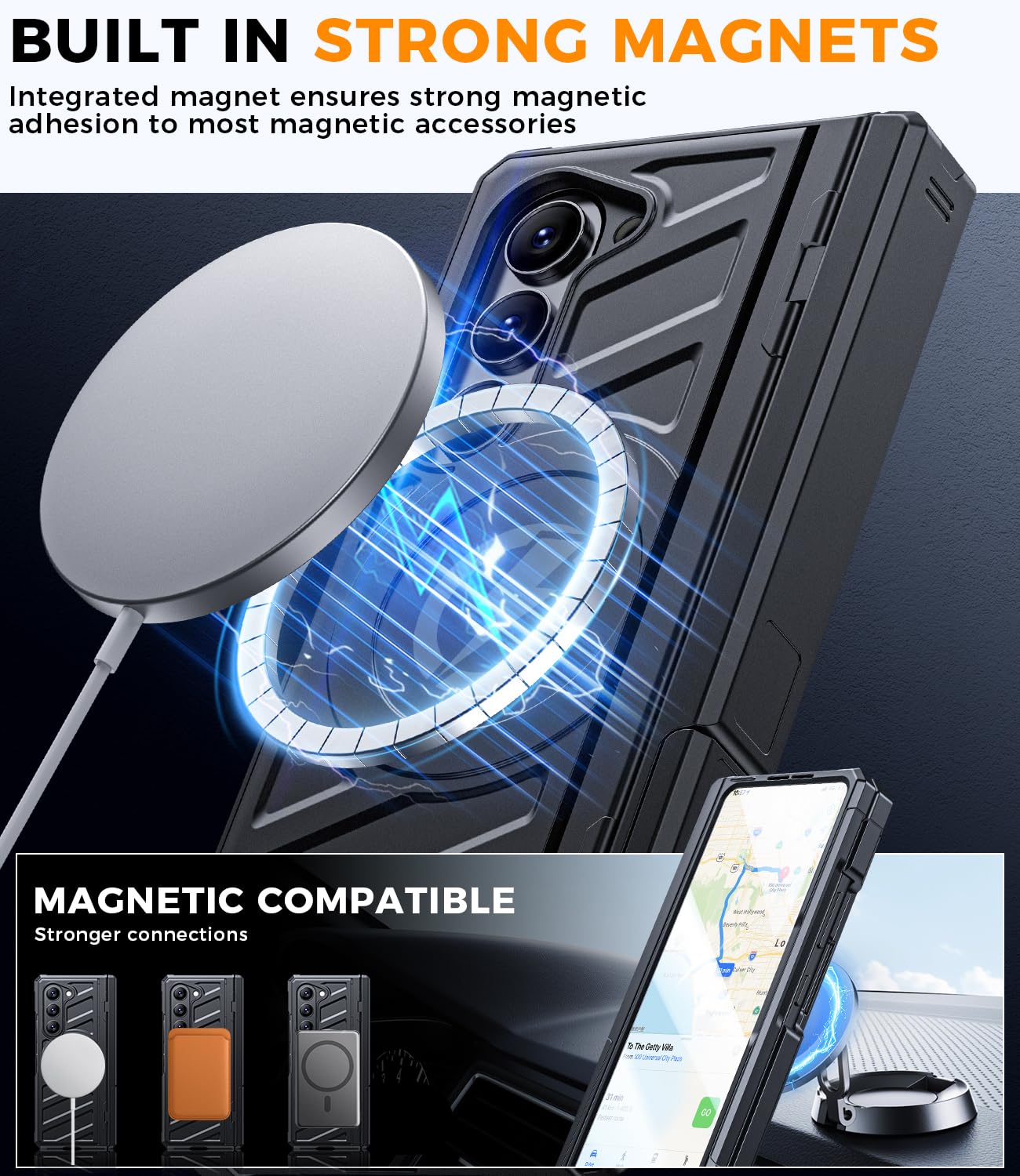 Coque magnétique pour Samsung Galaxy Z-Fold-5 : coque de téléphone robuste [compatible avec MagSafe] [Protection d'écran de confidentialité] [Protection de charnière] [double béquille] Coque