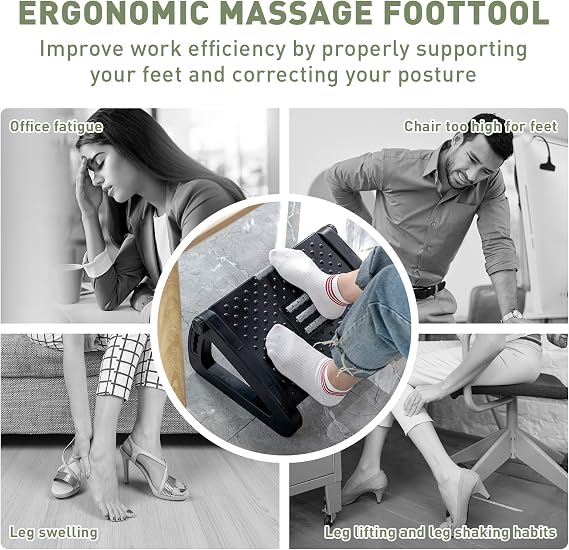 Foot Rest Under Desk, Ergonomic Adjustable Footrest for Office - 6 Height Settings (9-19cm), Heavy Duty ABS Plastic with Massage Rollers, Black - Relieve Leg Fatigue & Stop Leg Fatigue at Work