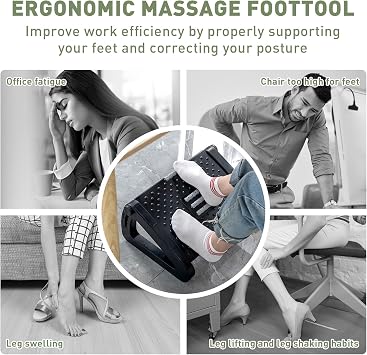 Foot Rest Under Desk, Ergonomic Adjustable Footrest for Office - 6 Height Settings (9-19cm), Heavy Duty ABS Plastic with Massage Rollers, Black - Relieve Leg Fatigue & Stop Leg Fatigue at Work