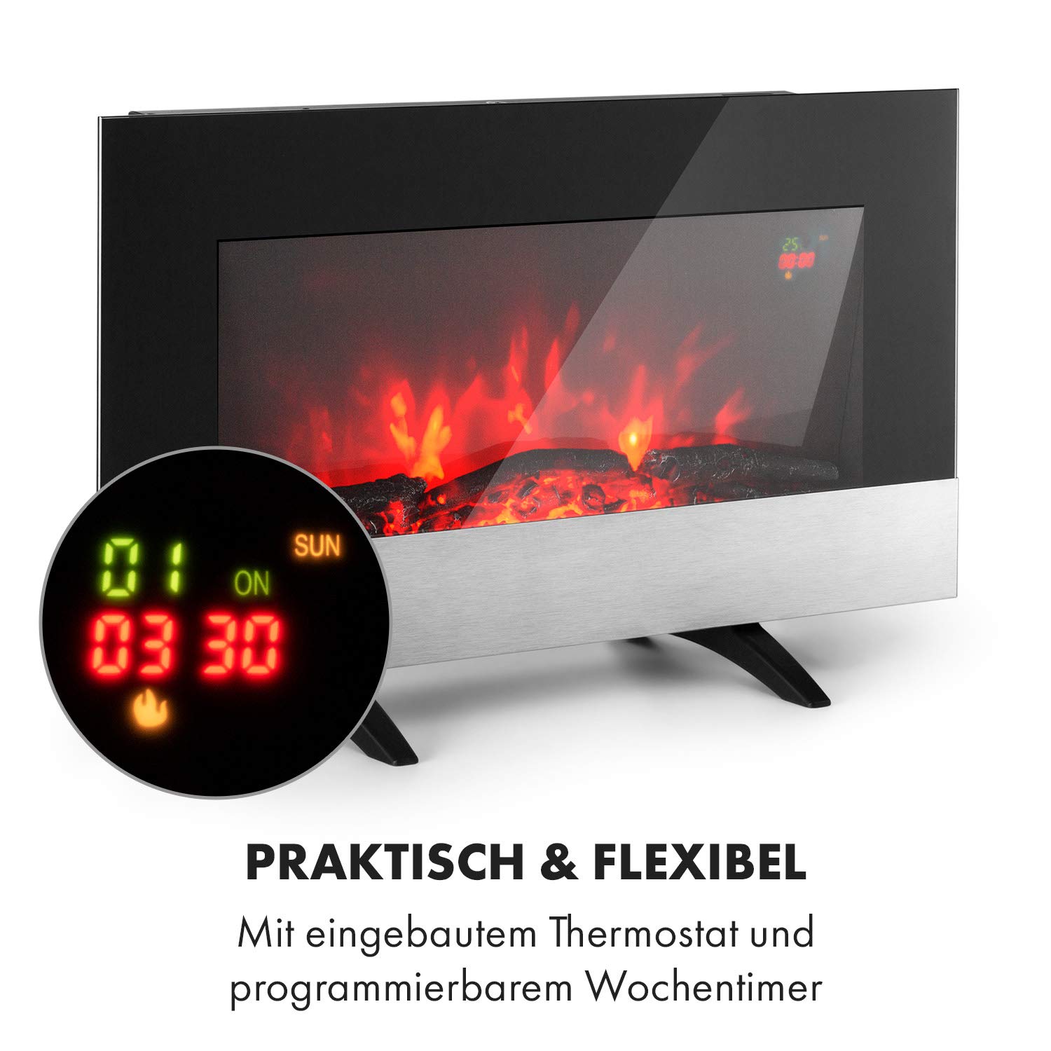 Klarstein Basel Elektrokamin - Heizlüfter mit 1000 oder 2000 Watt Heizleistung, 2 Heizstufen, LED-Flammenillusion in 7 Farben, Thermostat, Stand- oder Wandmontage, Wochentimer, schwarz